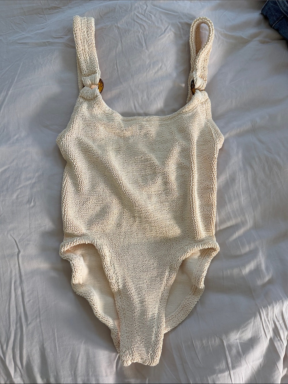 Hunza G Cream Textured Kids One-Piece Swimsuit with Button-Strap Detail